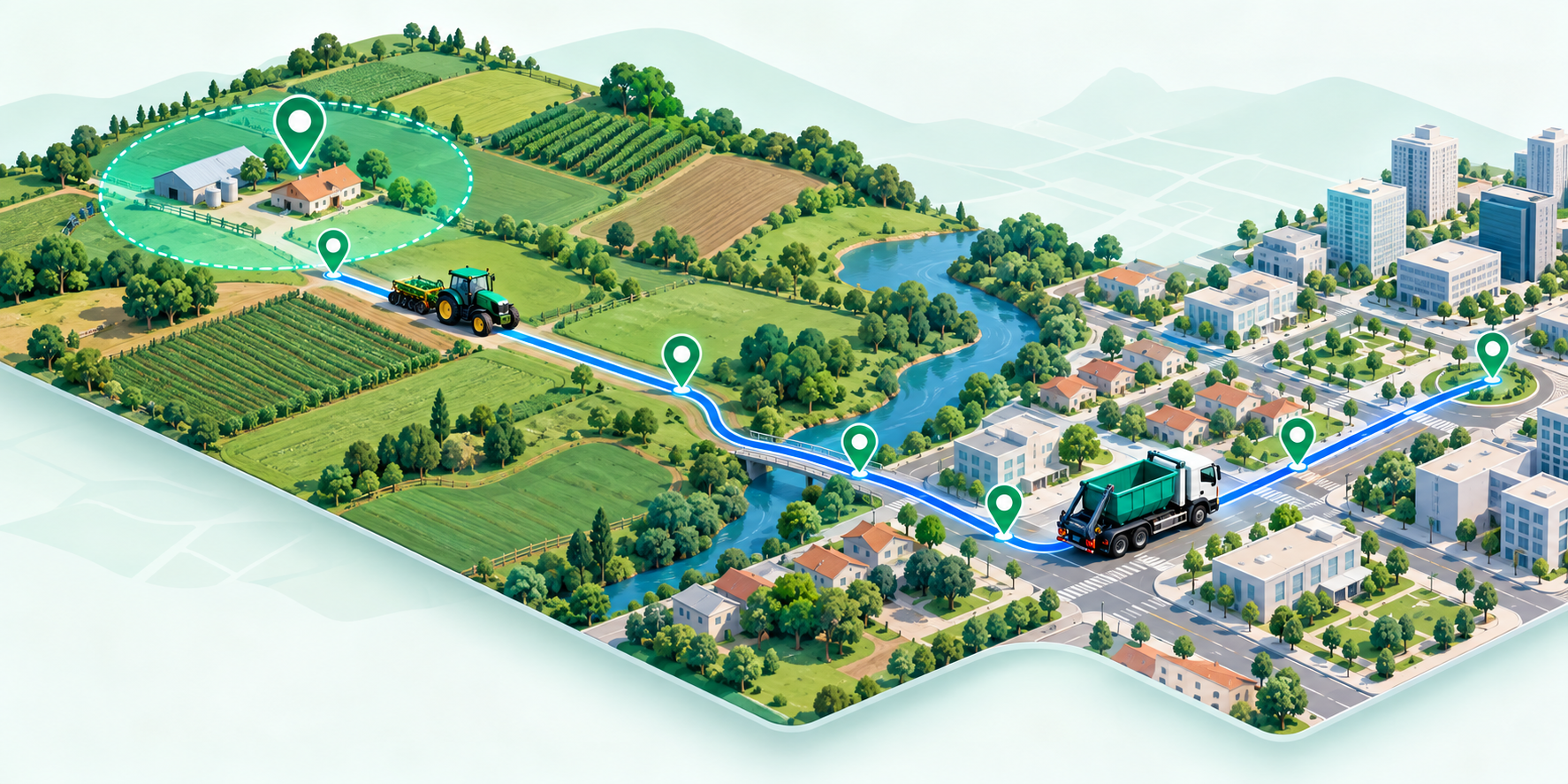 Ilustração de mapa com trajetos, pontos de localização, cerca virtual, trator e caminhão de resíduos